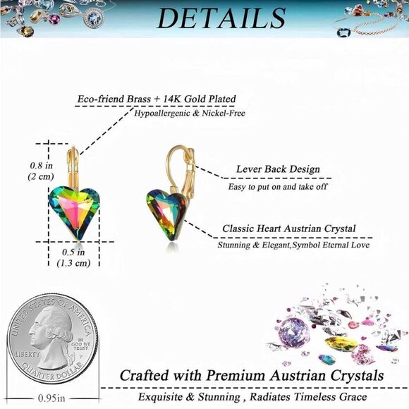 14K Yellow Gold with Vitrail Medium Austrian Crystal Heart Leverback Earrings - Picture 5 of 5